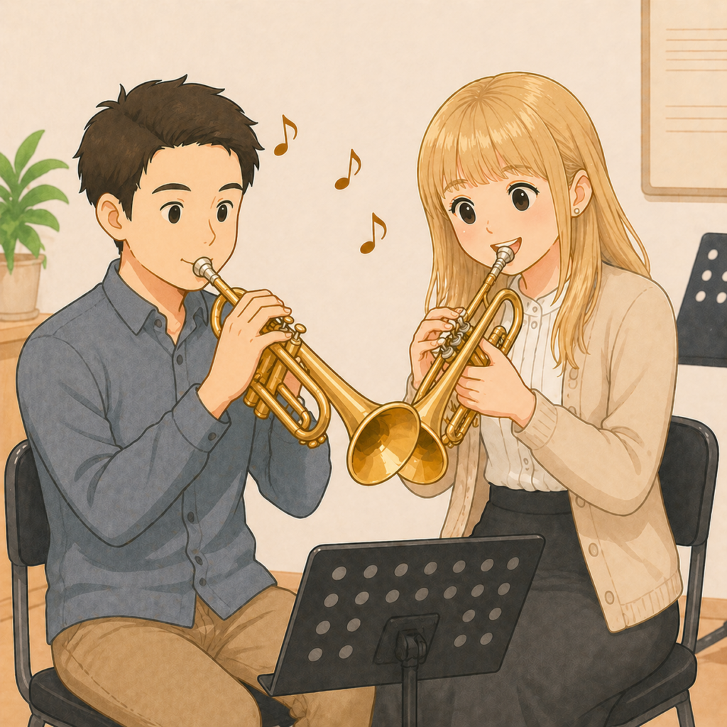 先生と一緒に曲へ挑戦するイメージ